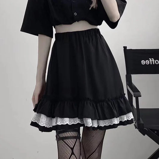 HOUZHOU Mall Goth Gothic Lace Ruffle Mini Skirts Womens Harajuku Fairy Grunge Black Pleated Skirt Japanese Lolita Streetwear